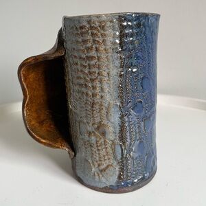 Artsy Gorgeous Glazed Ceramic Vase In Mug Design Blue Brown Signed